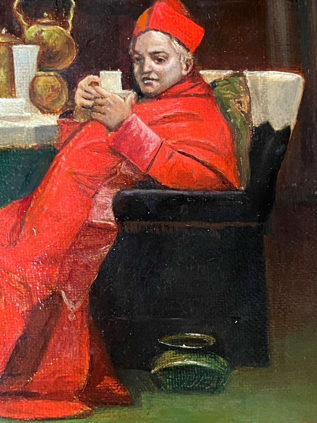 19th Century French Oil on Canvas Painting of a Cardinal’s Tea Time By F. Dupey