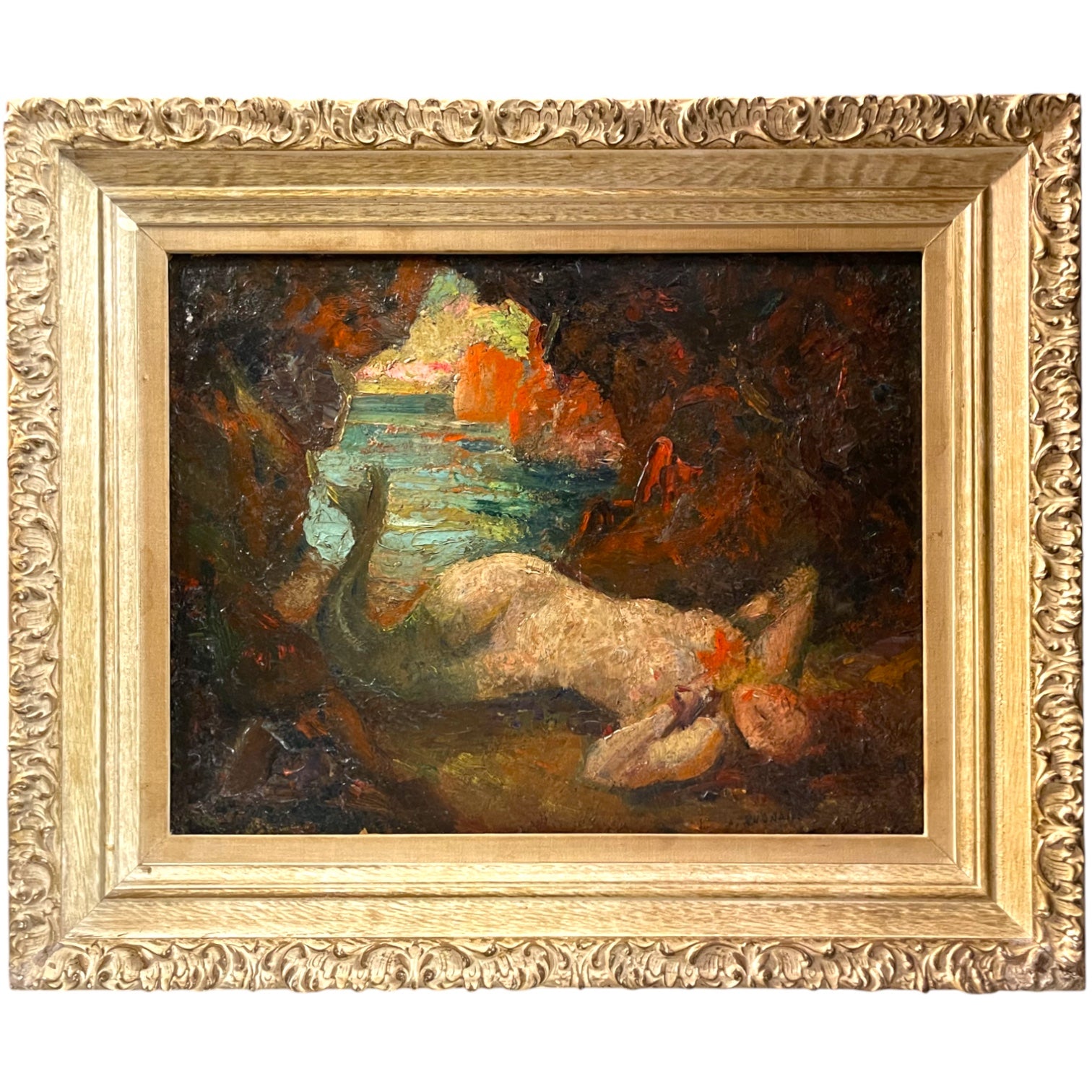 An Oil on Board Painting of a Reclining Mermaid, Signed