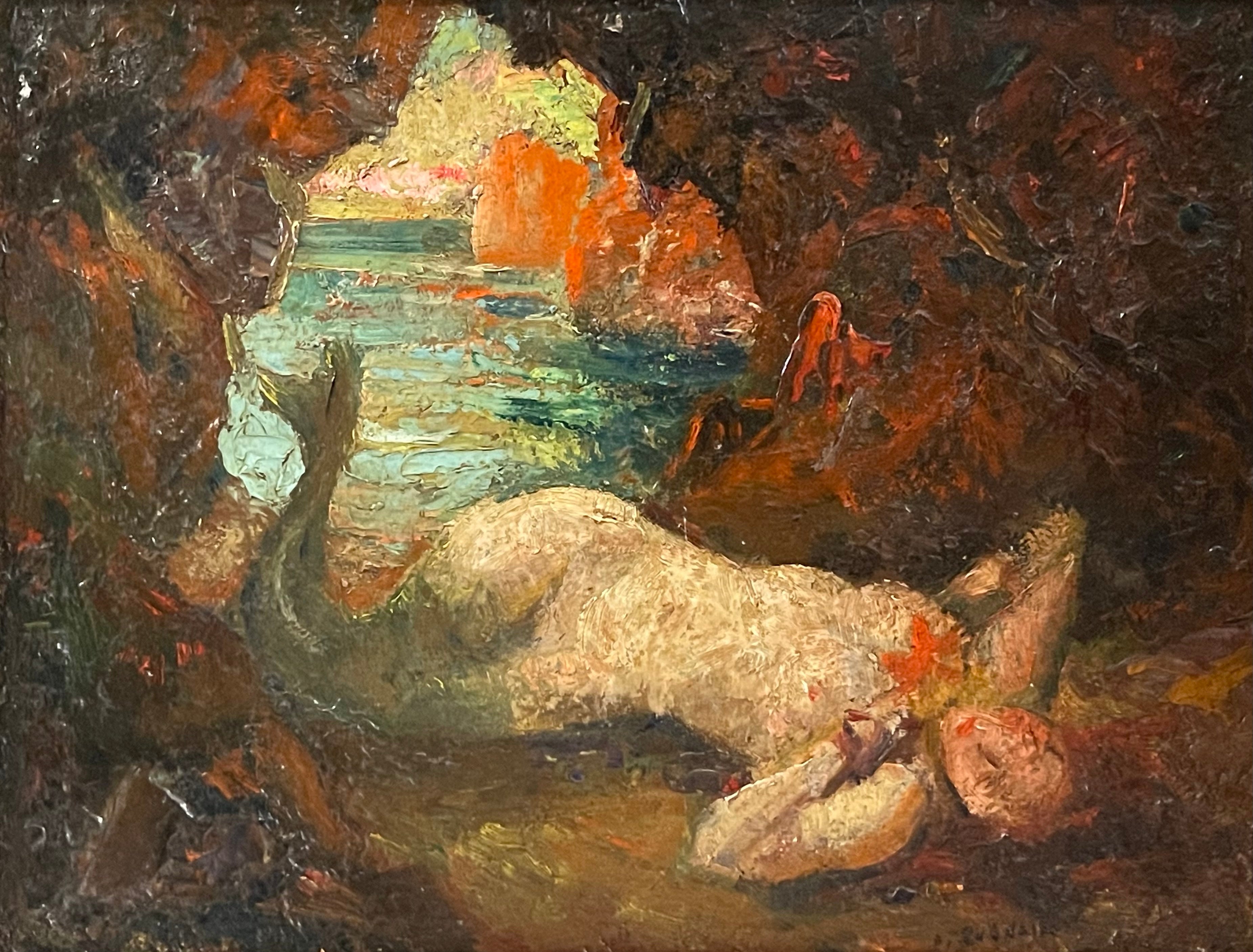 An Oil on Board Painting of a Reclining Mermaid, Signed