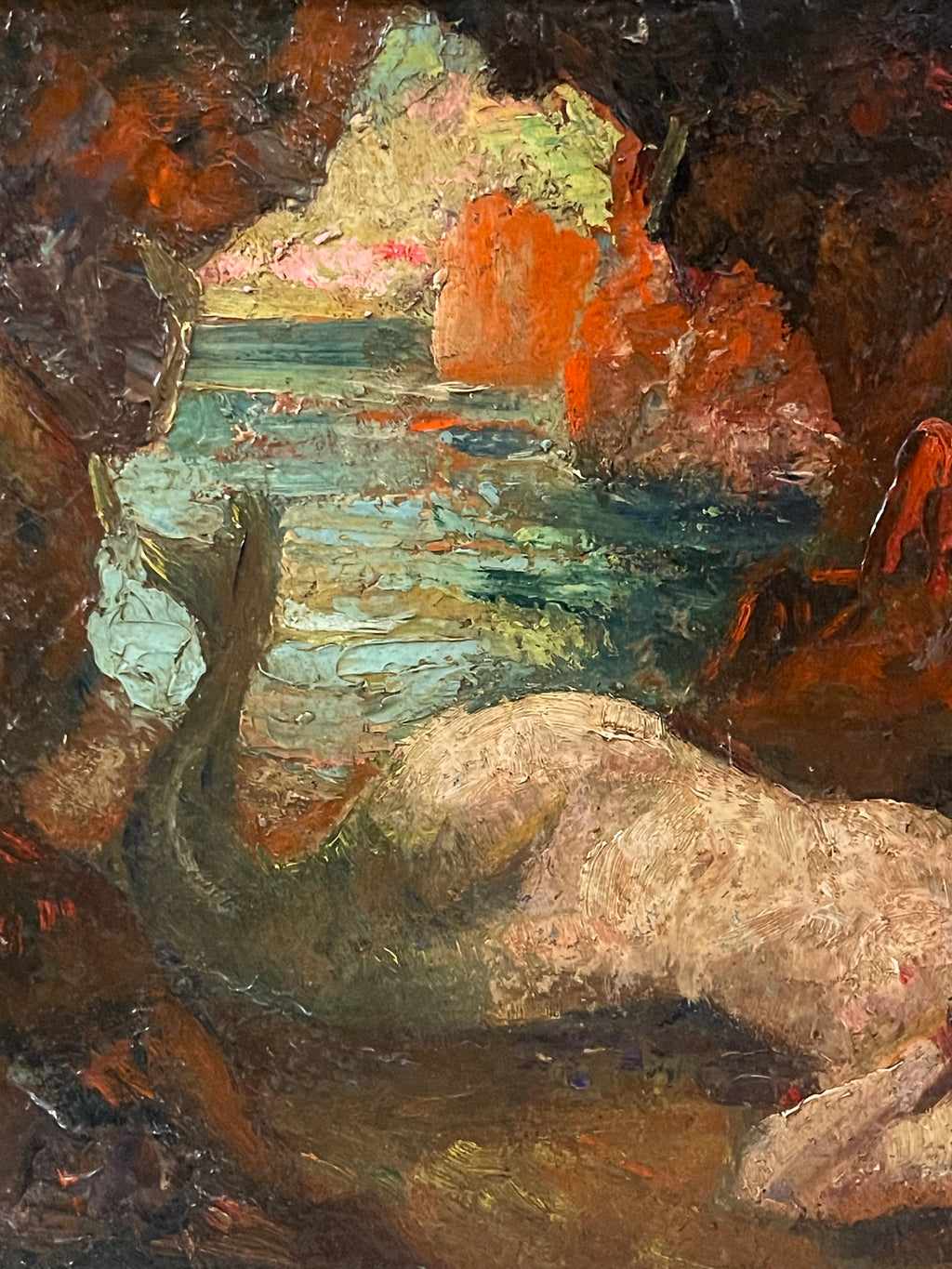 An Oil on Board Painting of a Reclining Mermaid, Signed