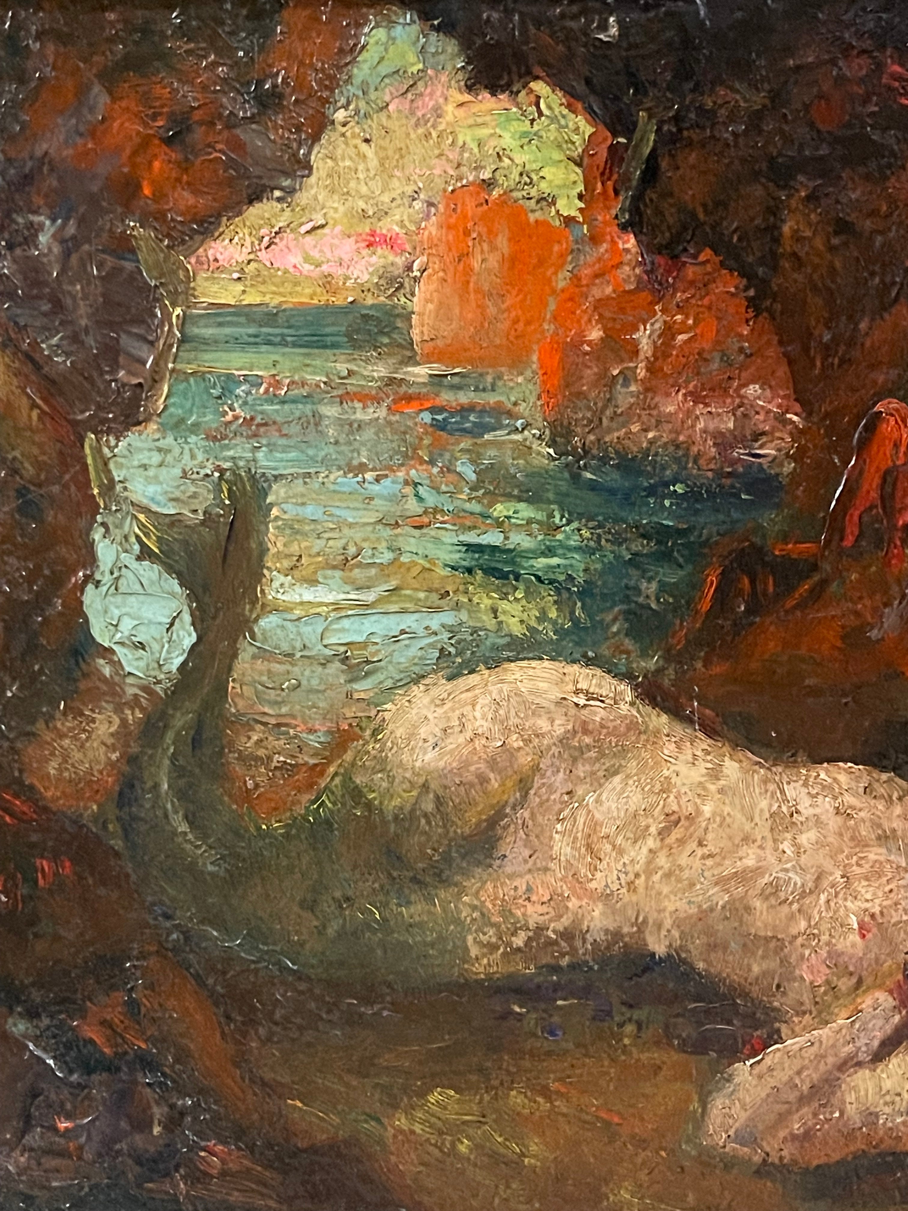 An Oil on Board Painting of a Reclining Mermaid, Signed