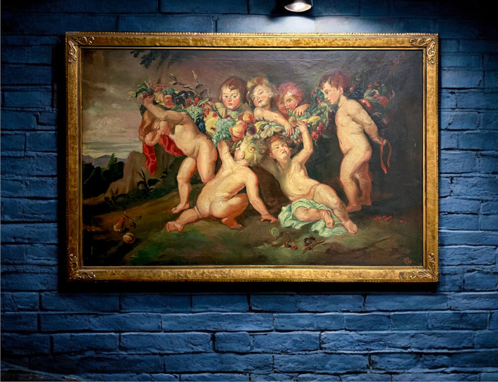 A Palatial Oil on Canvas Painting " Garland of Fruit" After Peter Paul Rubens