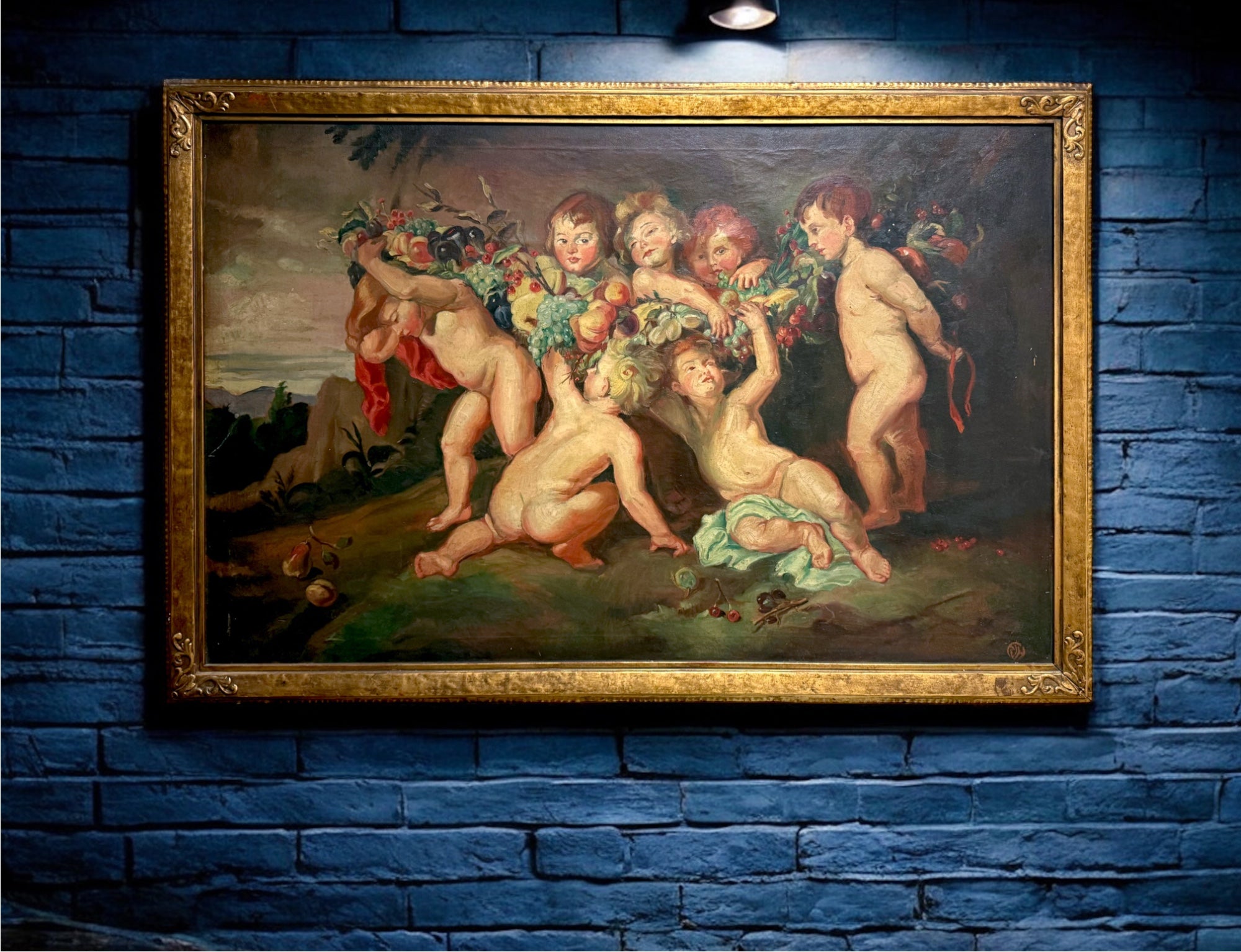 A Palatial Oil on Canvas Painting " Garland of Fruit" After Peter Paul Rubens