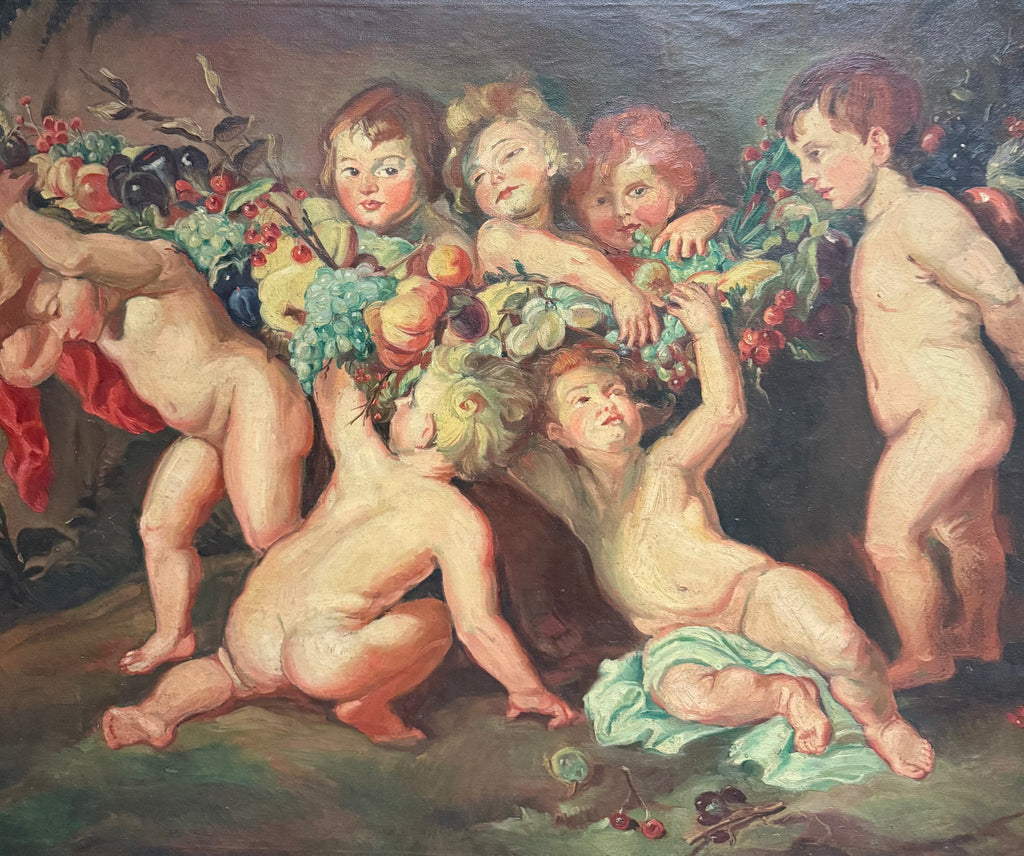 A Palatial Oil on Canvas Painting " Garland of Fruit" After Peter Paul Rubens