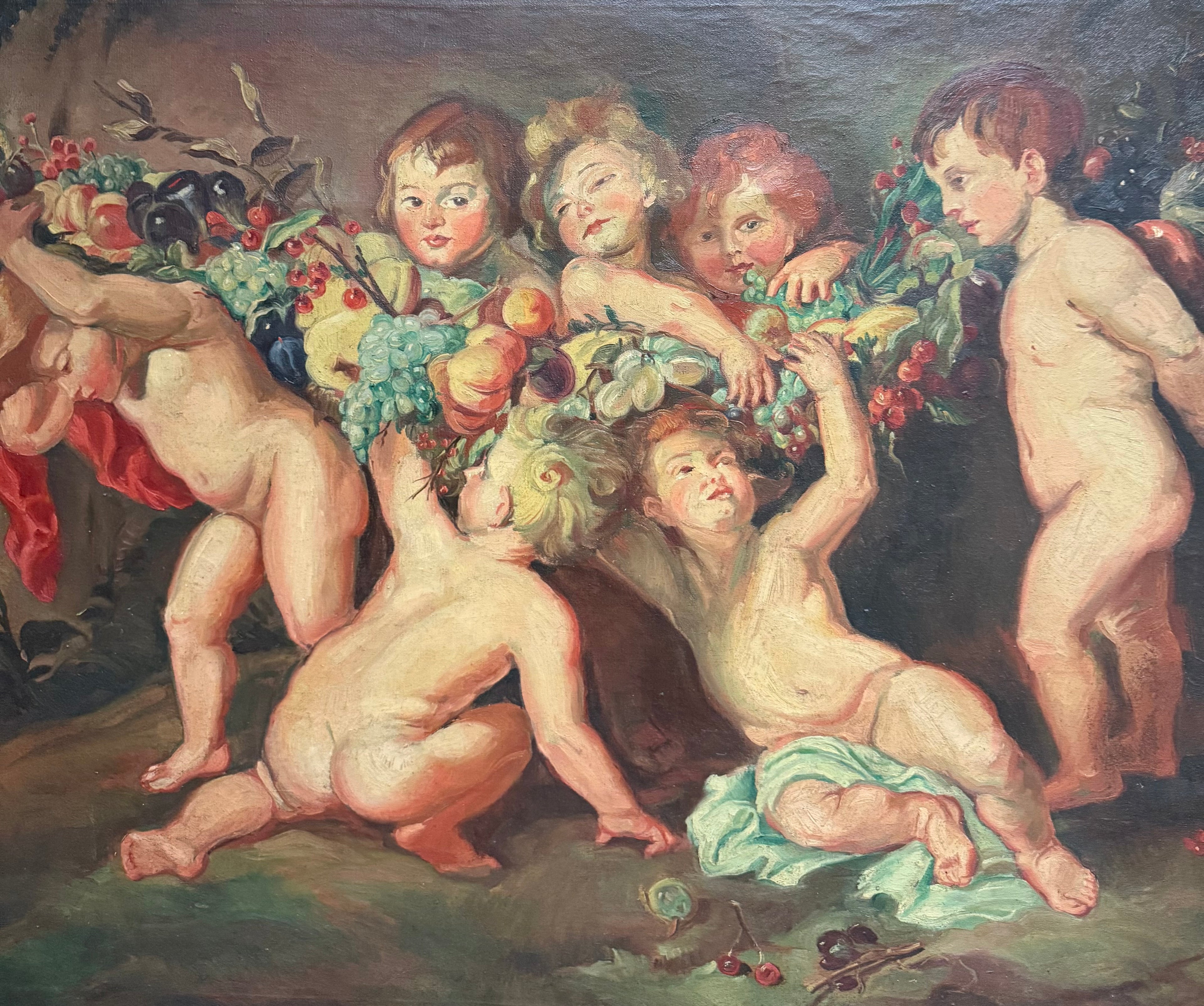 A Palatial Oil on Canvas Painting " Garland of Fruit" After Peter Paul Rubens