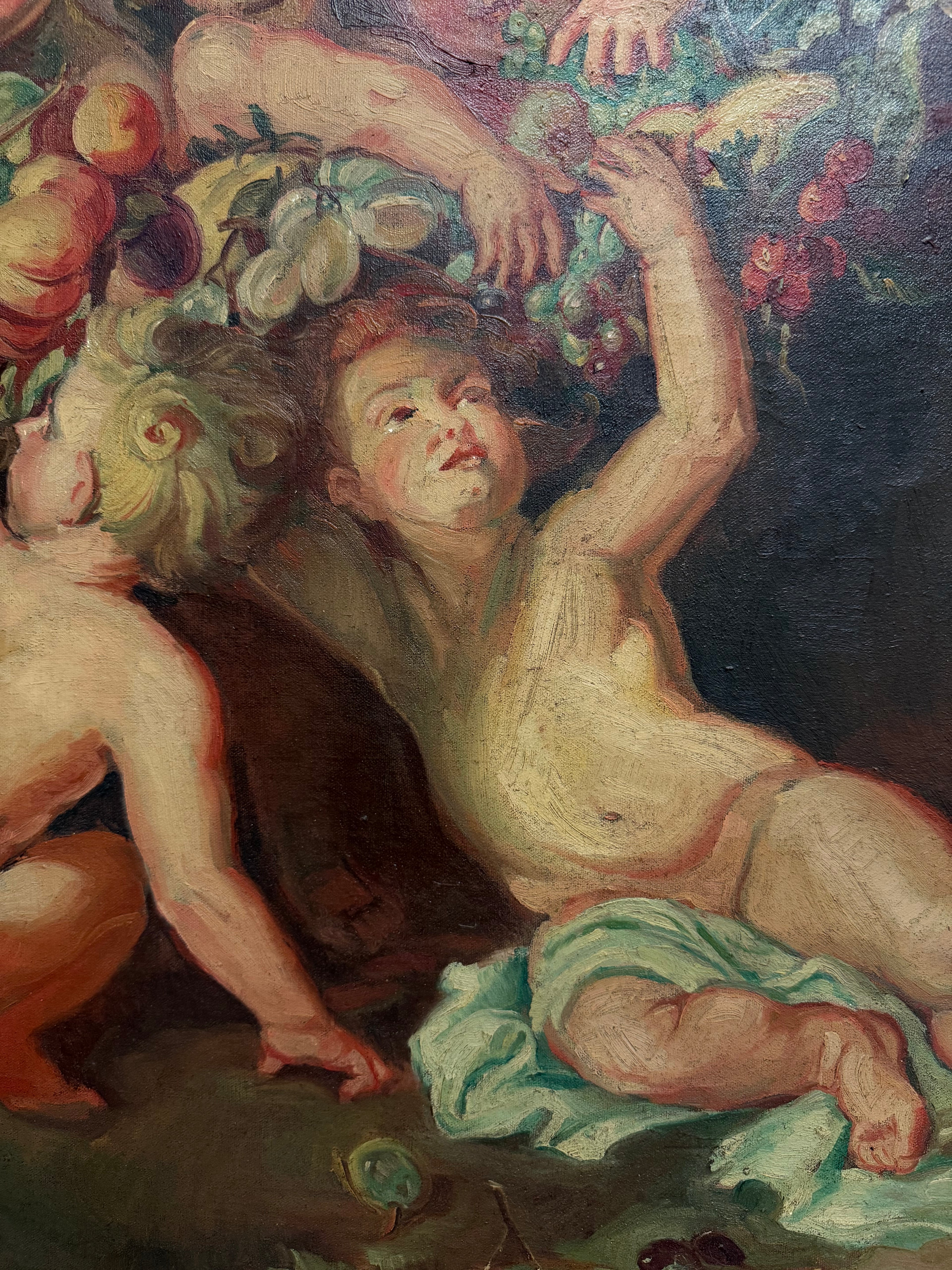 A Palatial Oil on Canvas Painting " Garland of Fruit" After Peter Paul Rubens