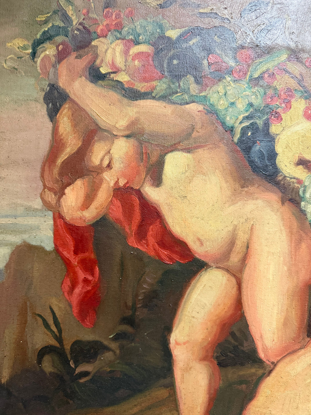 A Palatial Oil on Canvas Painting " Garland of Fruit" After Peter Paul Rubens