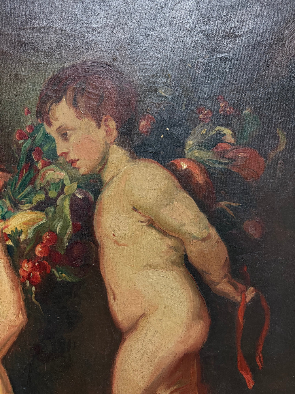 A Palatial Oil on Canvas Painting " Garland of Fruit" After Peter Paul Rubens