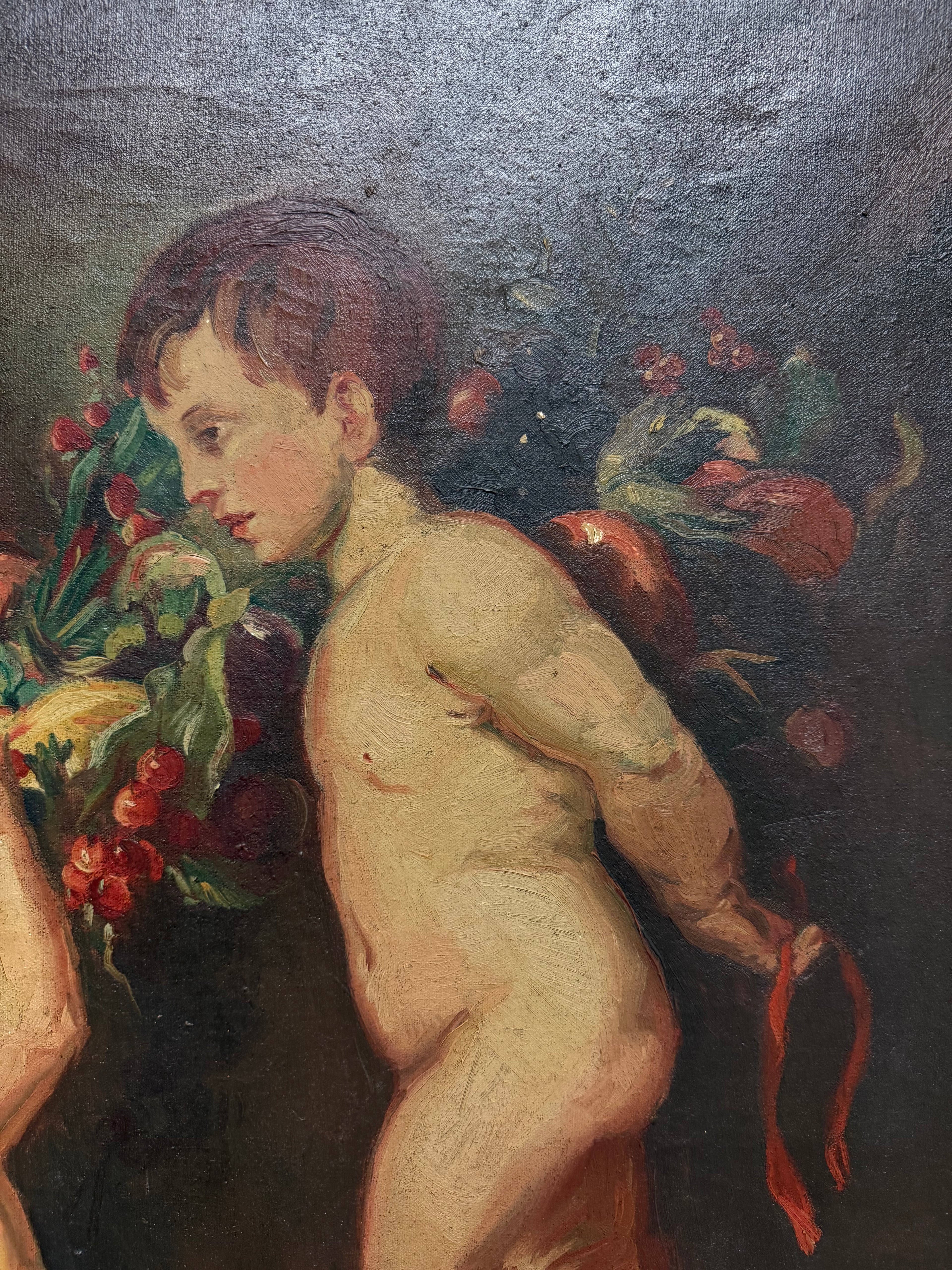 A Palatial Oil on Canvas Painting " Garland of Fruit" After Peter Paul Rubens