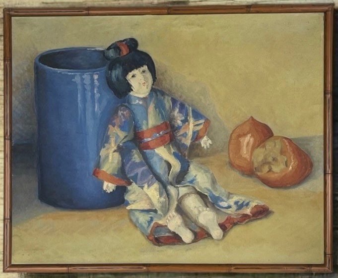 A French Oil On Canvas Japanese Style Painting of A Doll