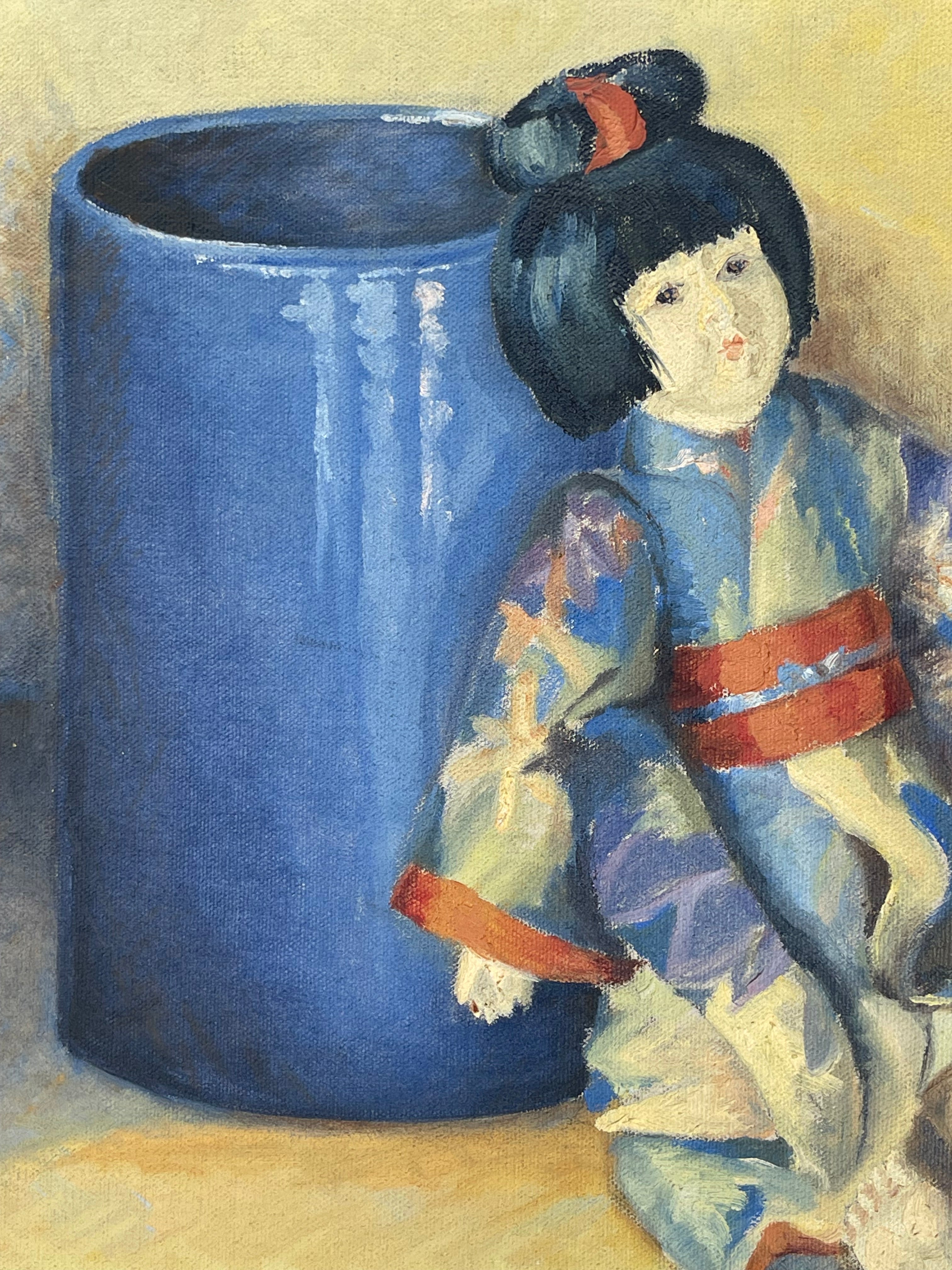 A French Oil On Canvas Japanese Style Painting of A Doll