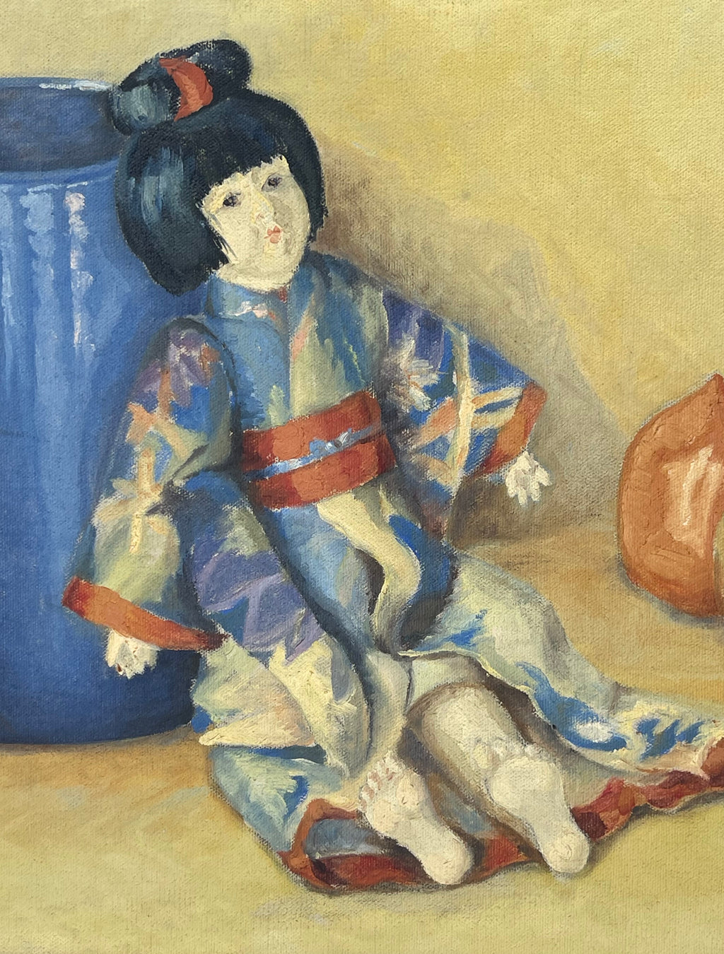 A French Oil On Canvas Japanese Style Painting of A Doll