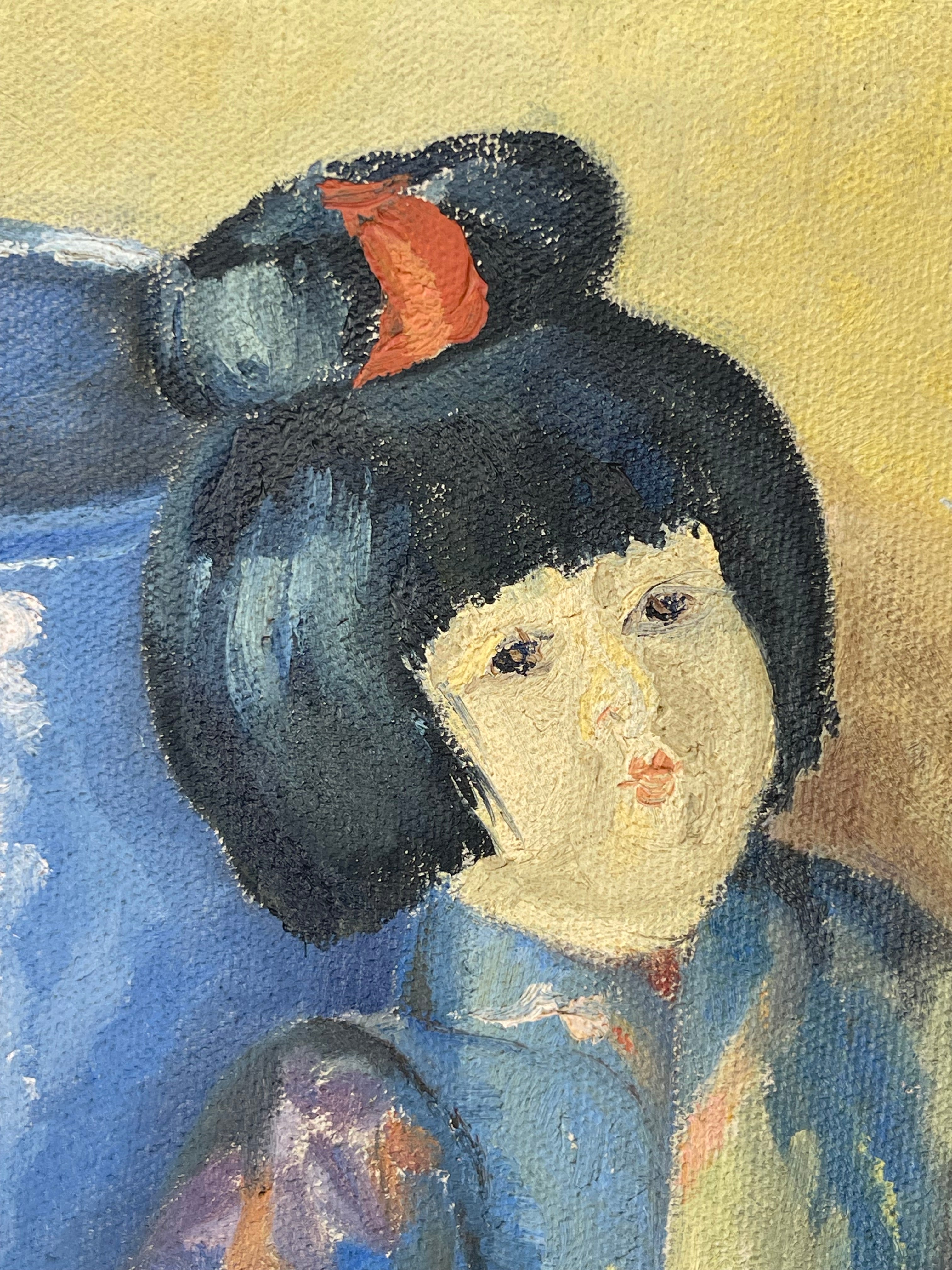 A French Oil On Canvas Japanese Style Painting of A Doll