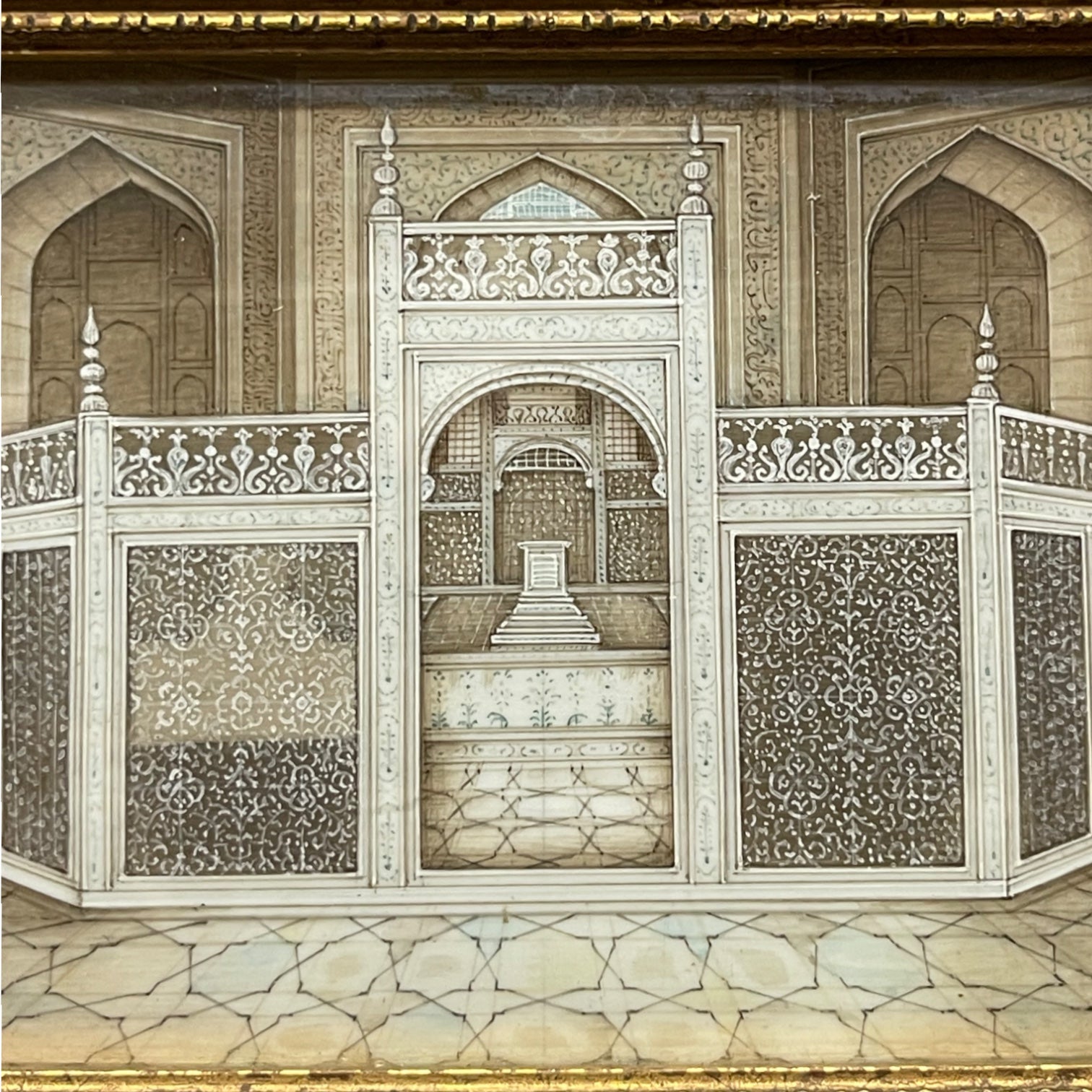 An Miniature Watercolor Painting of the Infamous Taj Mahal Marble Screen