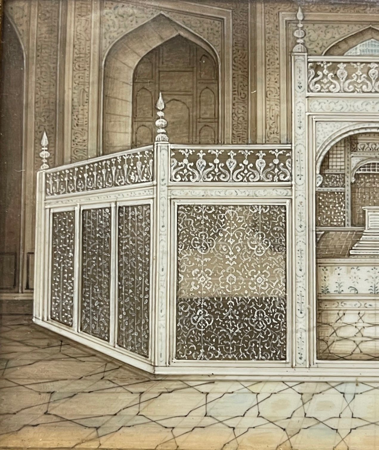 An Miniature Watercolor Painting of the Infamous Taj Mahal Marble Screen