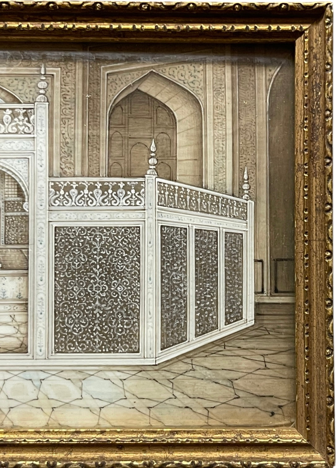 An Miniature Watercolor Painting of the Infamous Taj Mahal Marble Screen