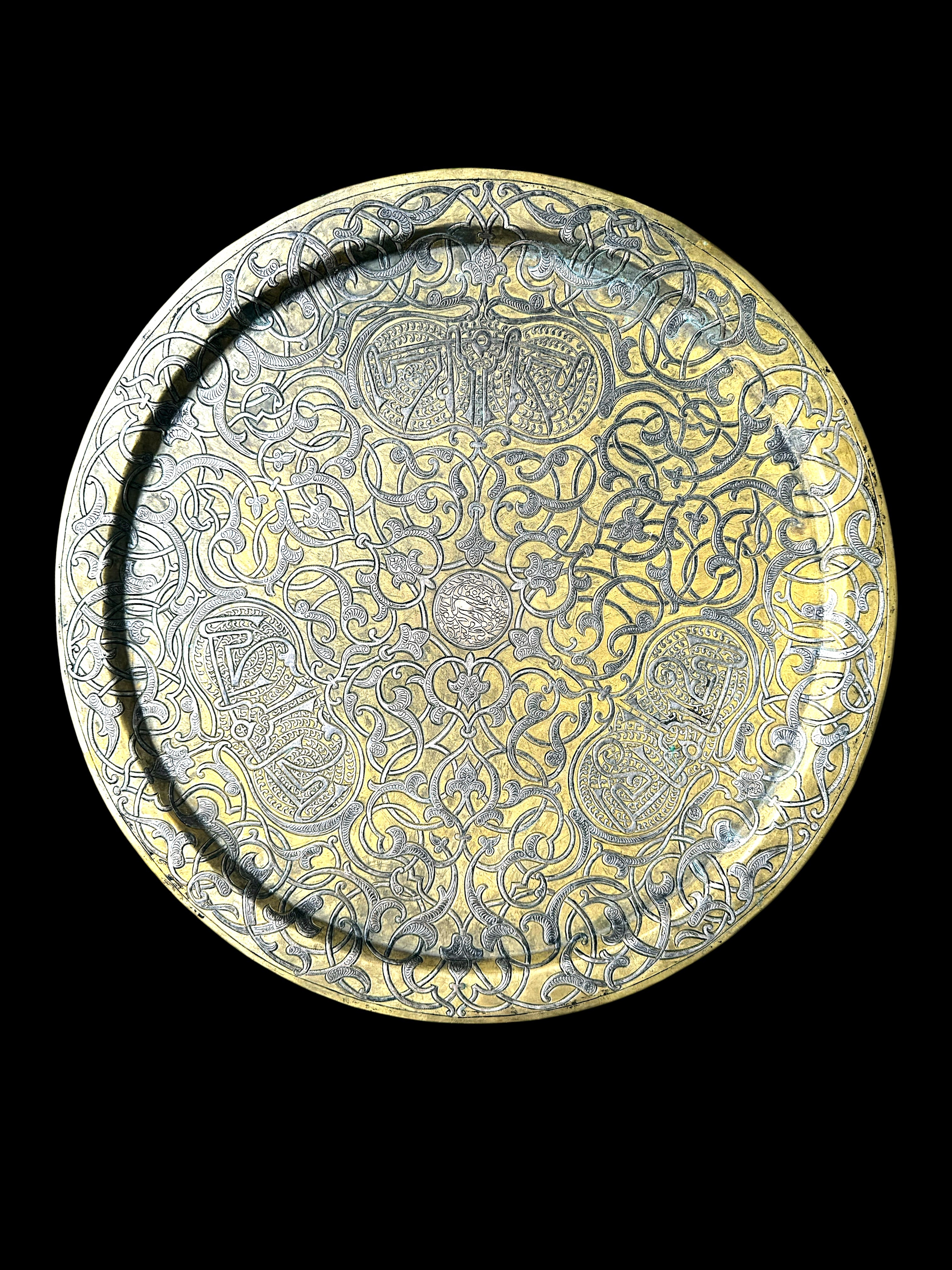 19th Century Silver Inlaid Brass Tray