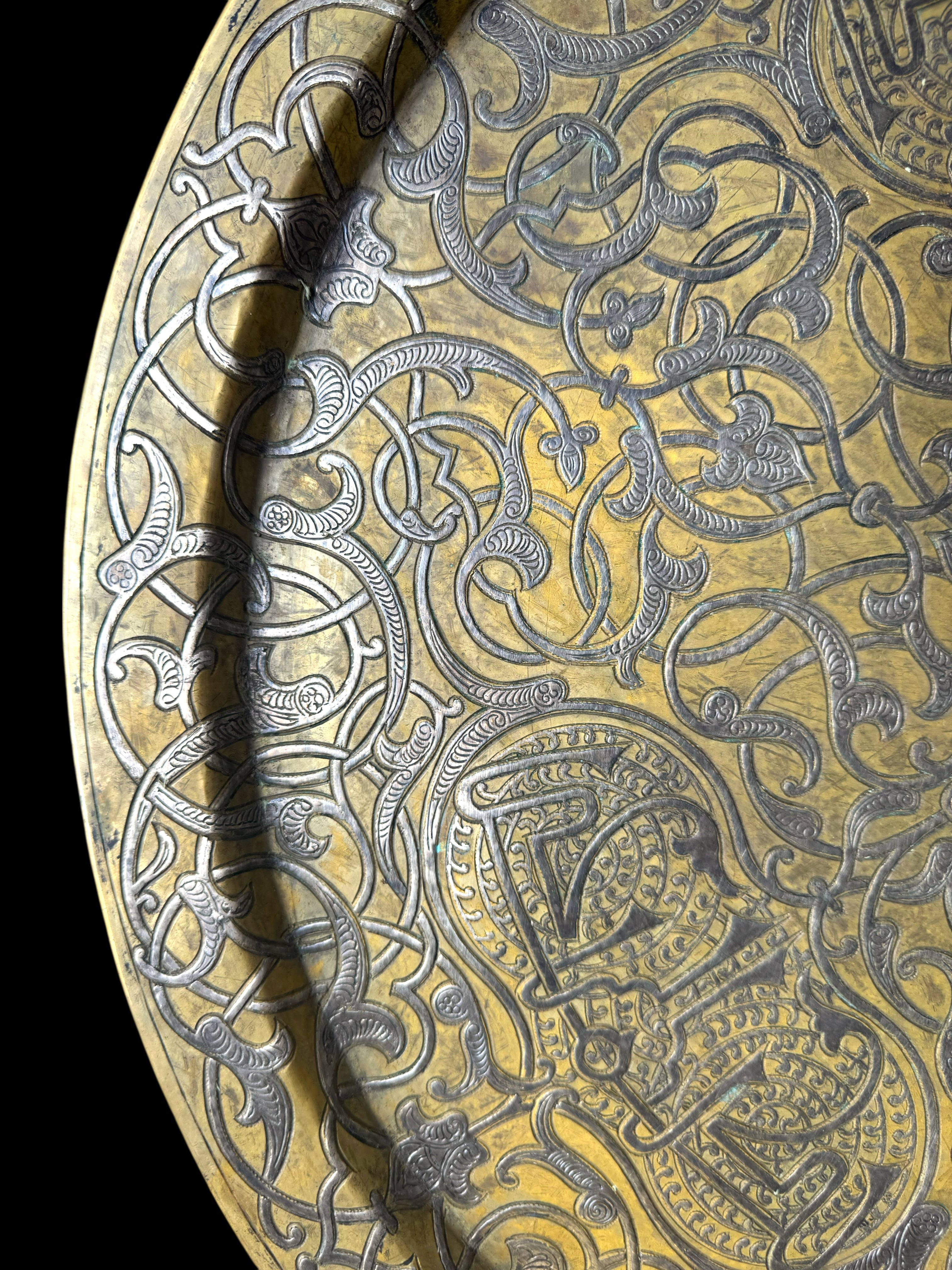 19th Century Silver Inlaid Brass Tray