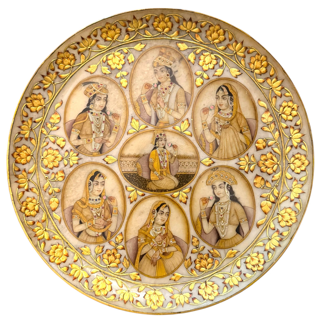 A Pair 19th Century Indian Oil On Marble Painting Of Royal Family