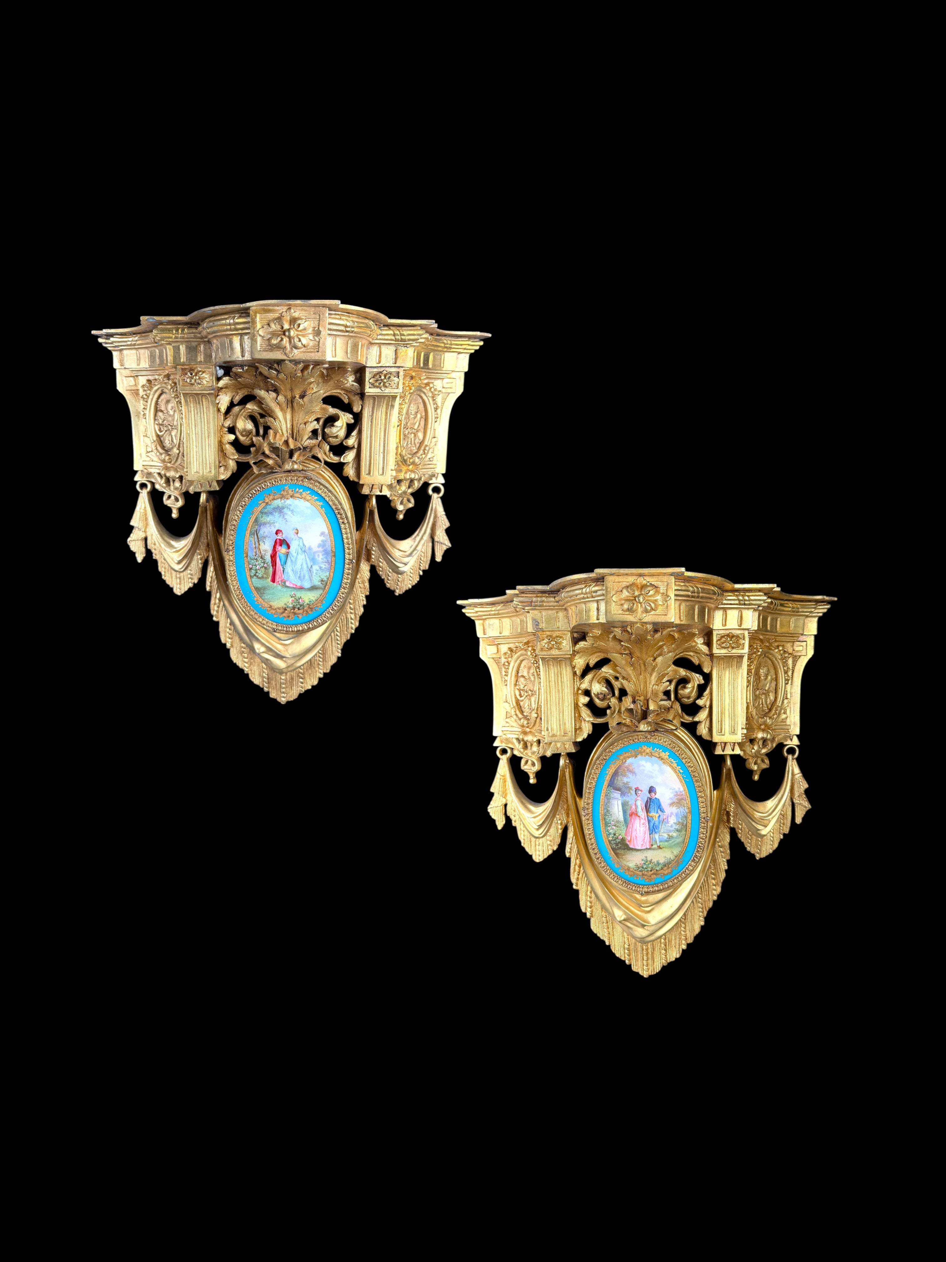 Pair Of F. Barbedienne 19th C. French Sevres Porcelain Mounted Gilt Bronze Brackets