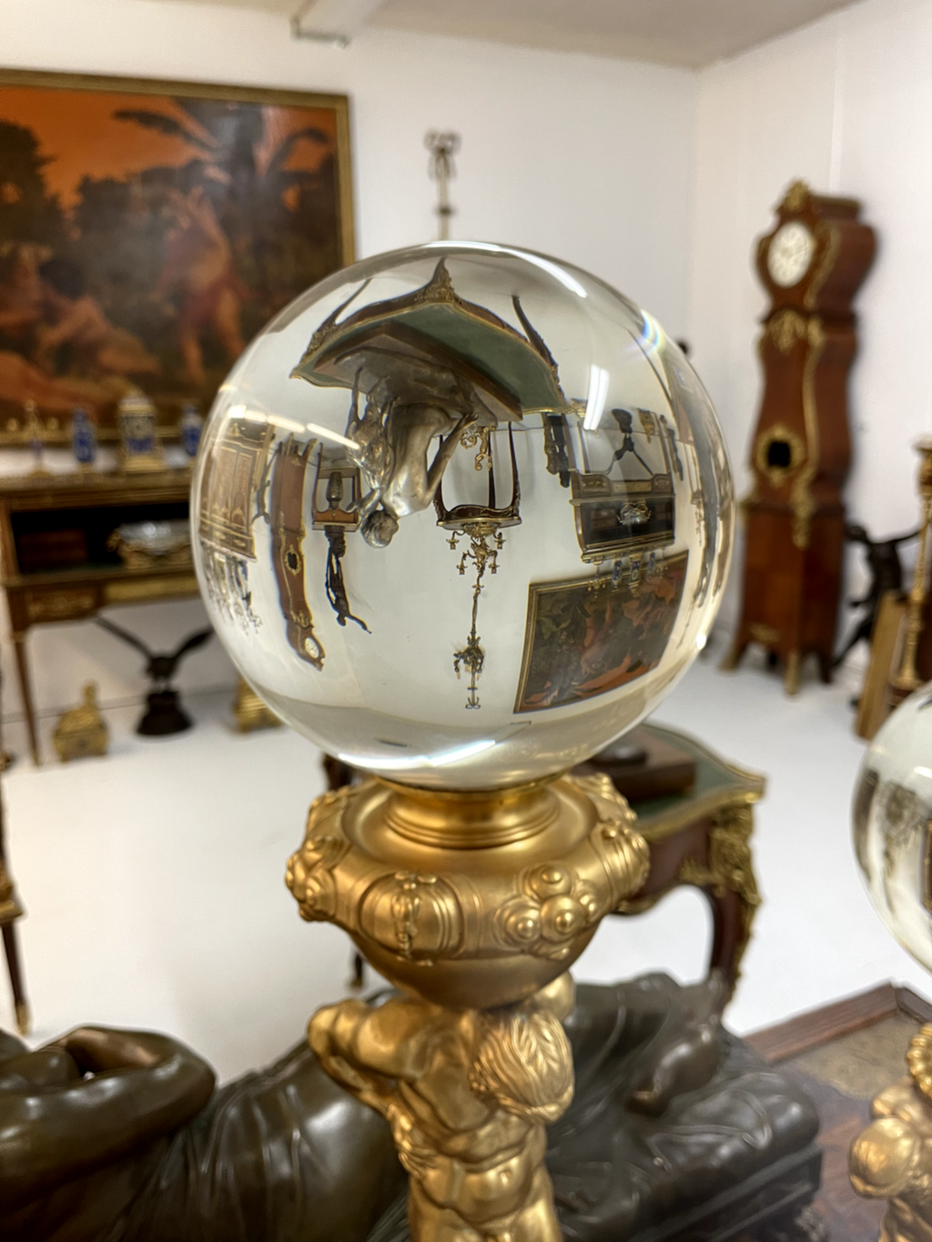 19th C French Garniture Set Of Three Spheres Mounted On Atlases