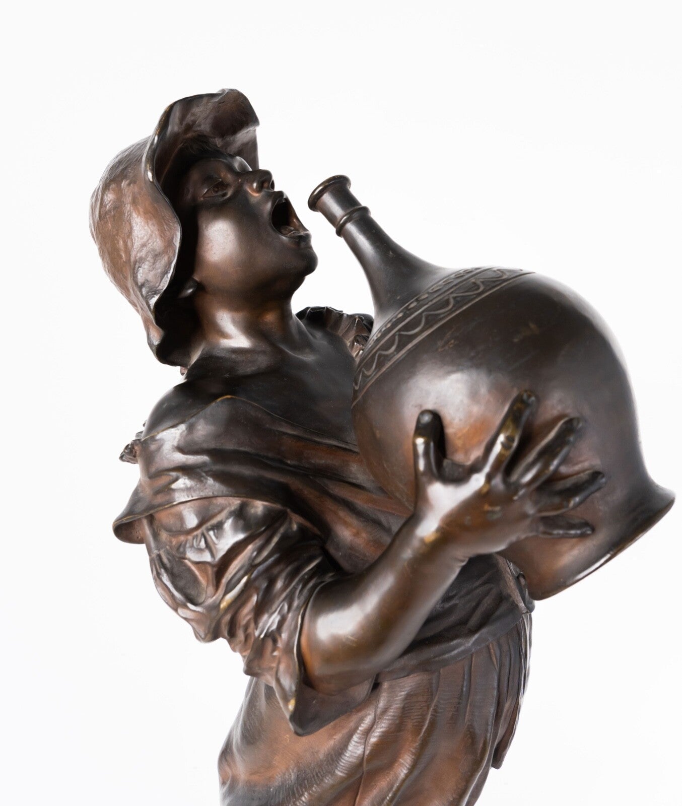 19th C. Italian Patinated Bronze Model of a Boy With a Wine Jug by C. Barbella