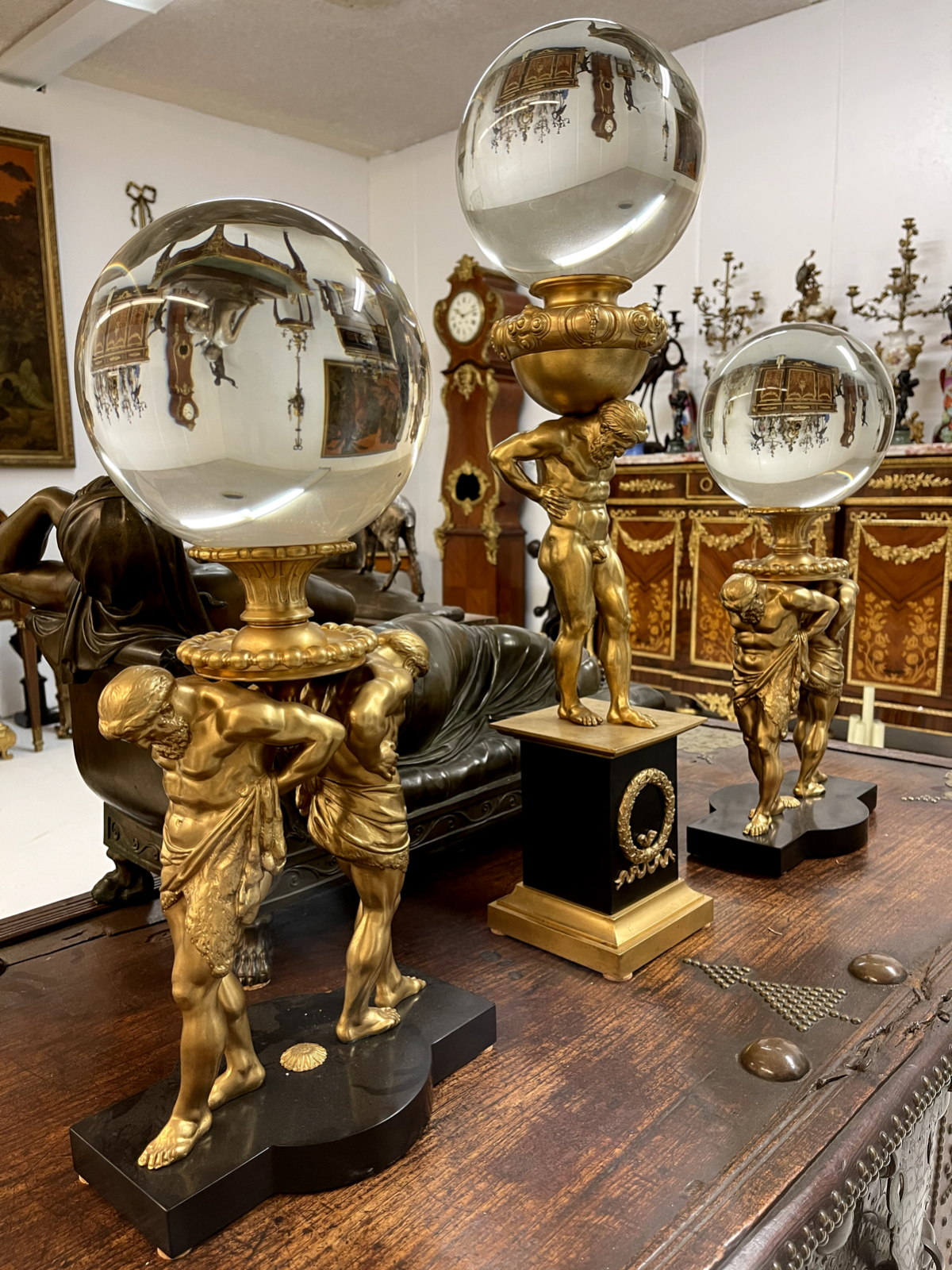 19th C French Garniture Set Of Three Spheres Mounted On Atlases