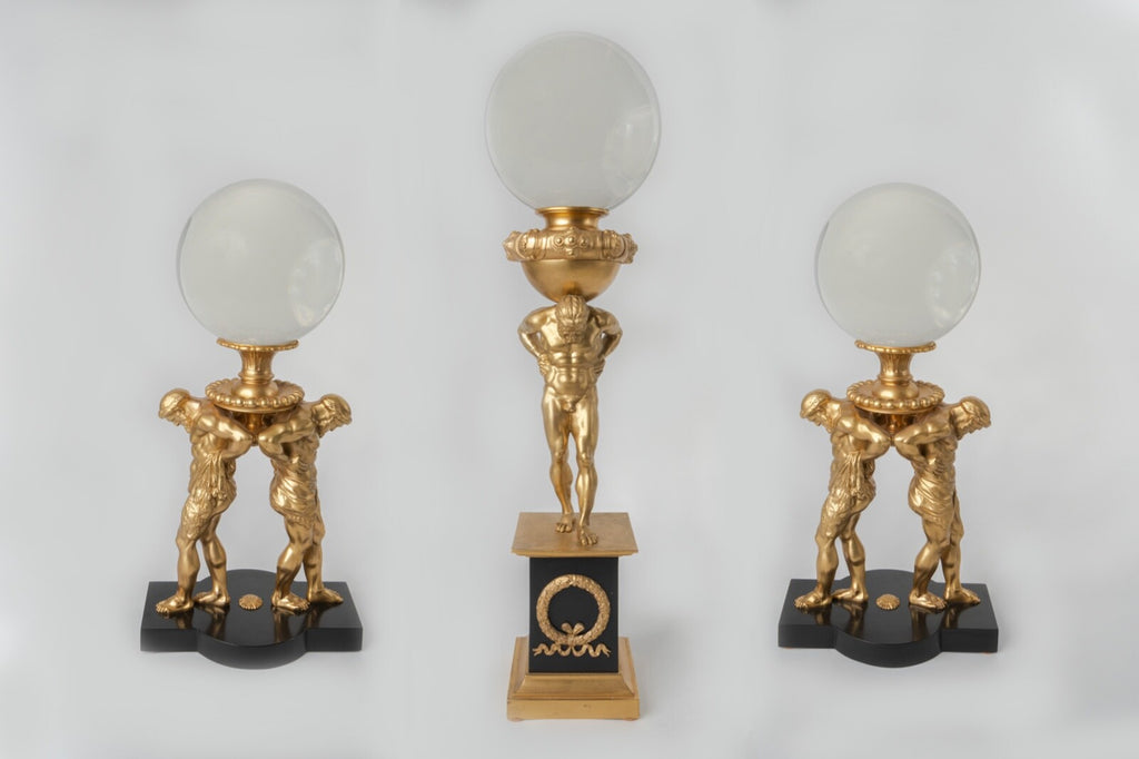 19th C French Garniture Set Of Three Spheres Mounted On Atlases