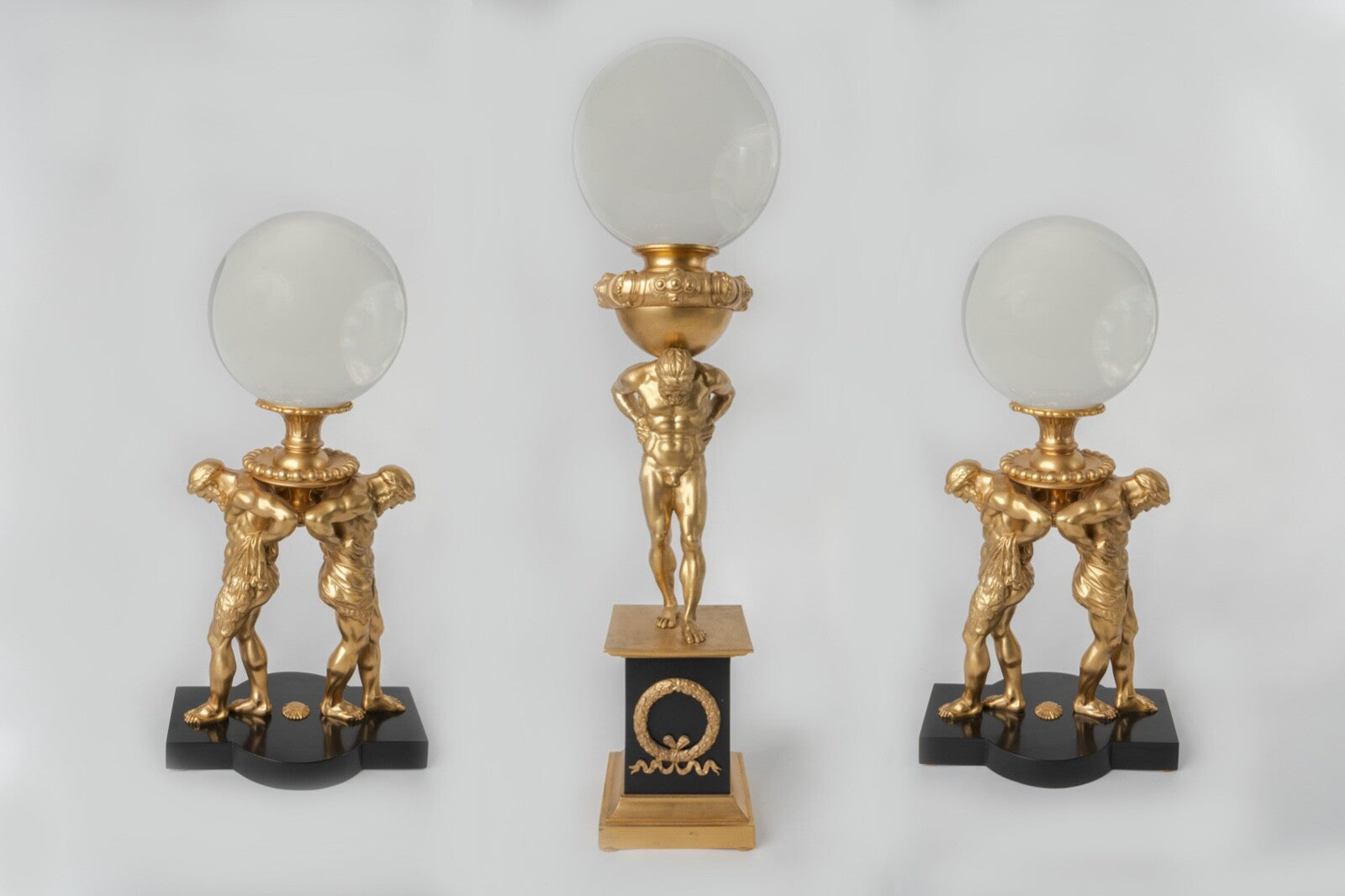 19th C French Garniture Set Of Three Spheres Mounted On Atlases