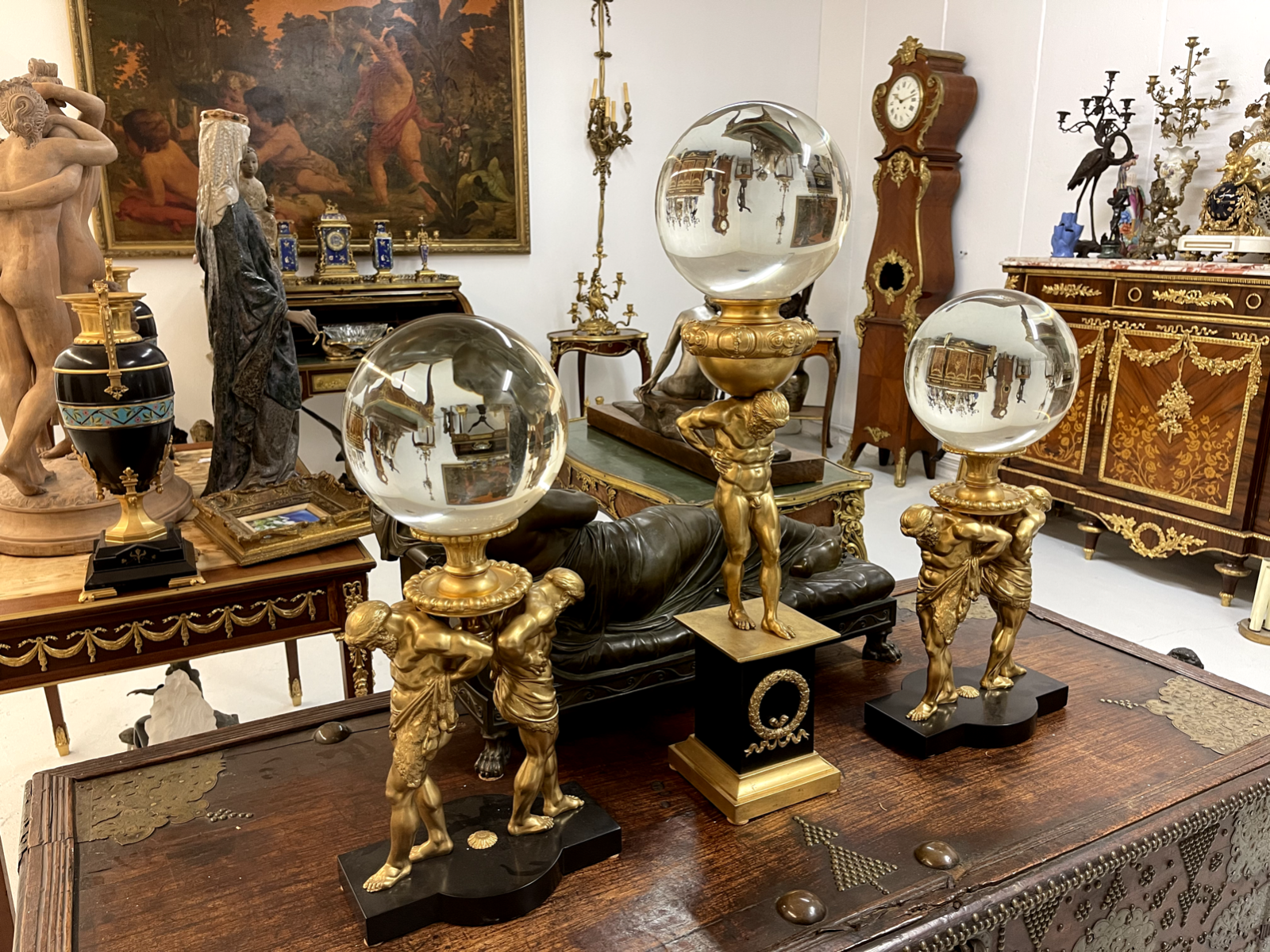 19th C French Garniture Set Of Three Spheres Mounted On Atlases