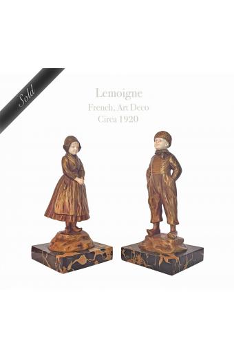 Pair Of Art Deco Gilt Bronze Sculpture By Lemoigne