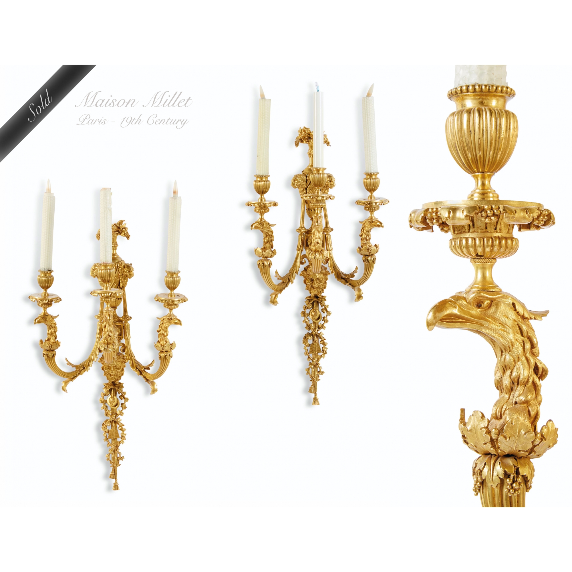 Pair of Museum Quality French Ormolu Three-Light Wall-Lights by Maison Millet