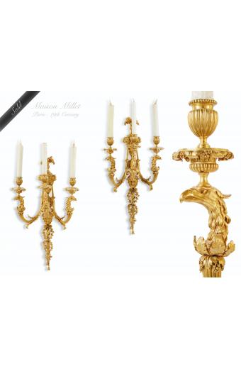 Pair of Museum Quality French Ormolu Three-Light Wall-Lights by Maison Millet