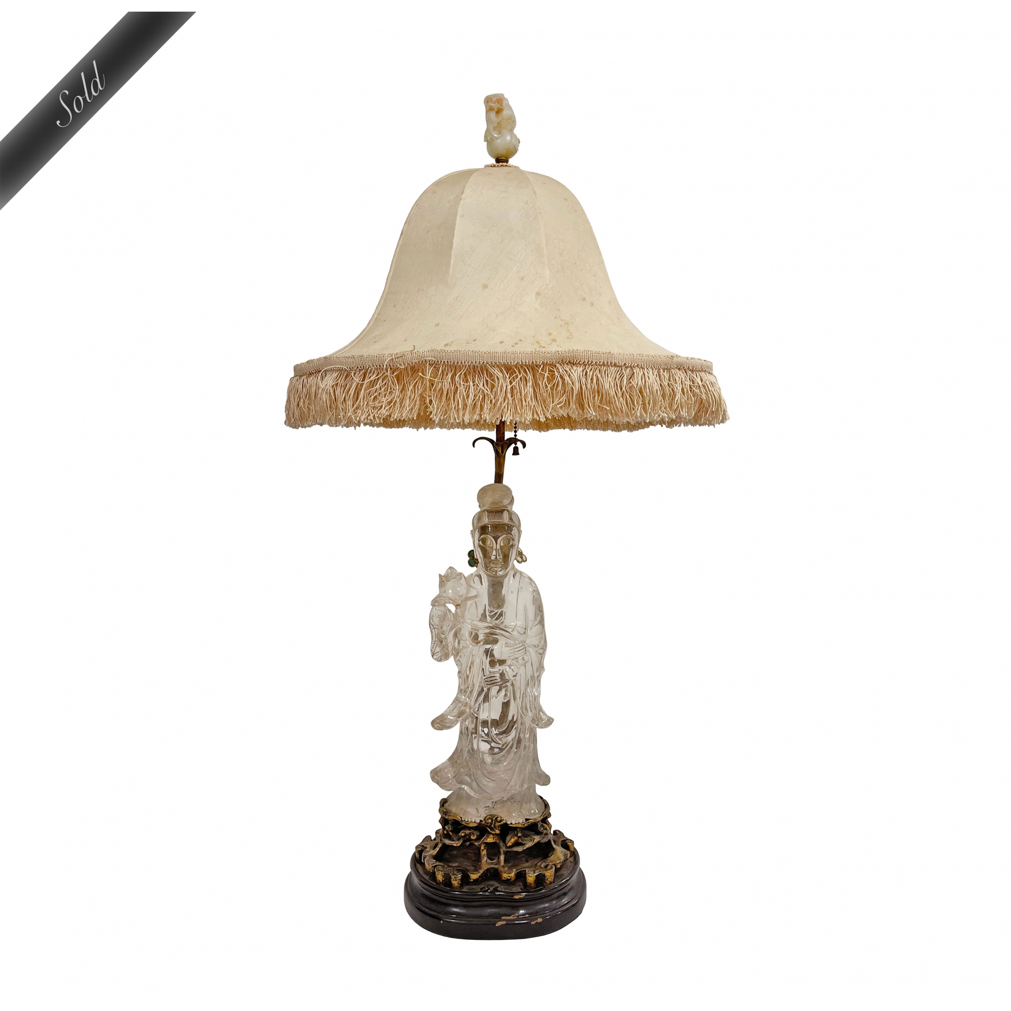 A Chinese Rock Crystal, Jade and Bronze Figure of Guanyin Lamp