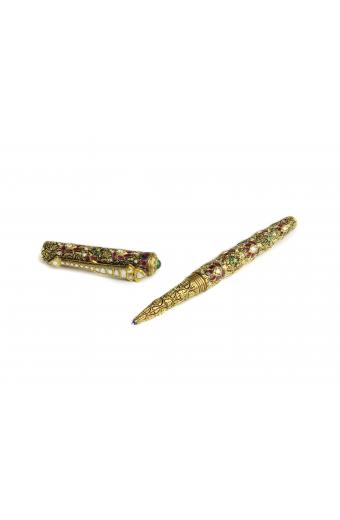 Magnificent 22k Hand Engraved Yellow Gold, Diamond, Ruby & Emerald Inlaid Pen