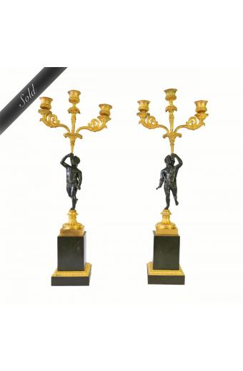 Pair of 19th C French Empire Bronze Figural Candelabras