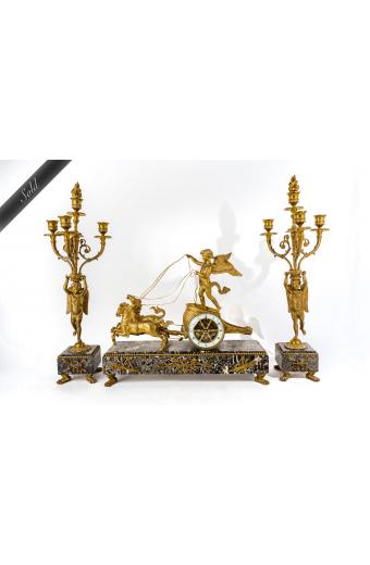 Empire Ormolu & Verde Antico Chariot Mantel Clock Set, France 1810