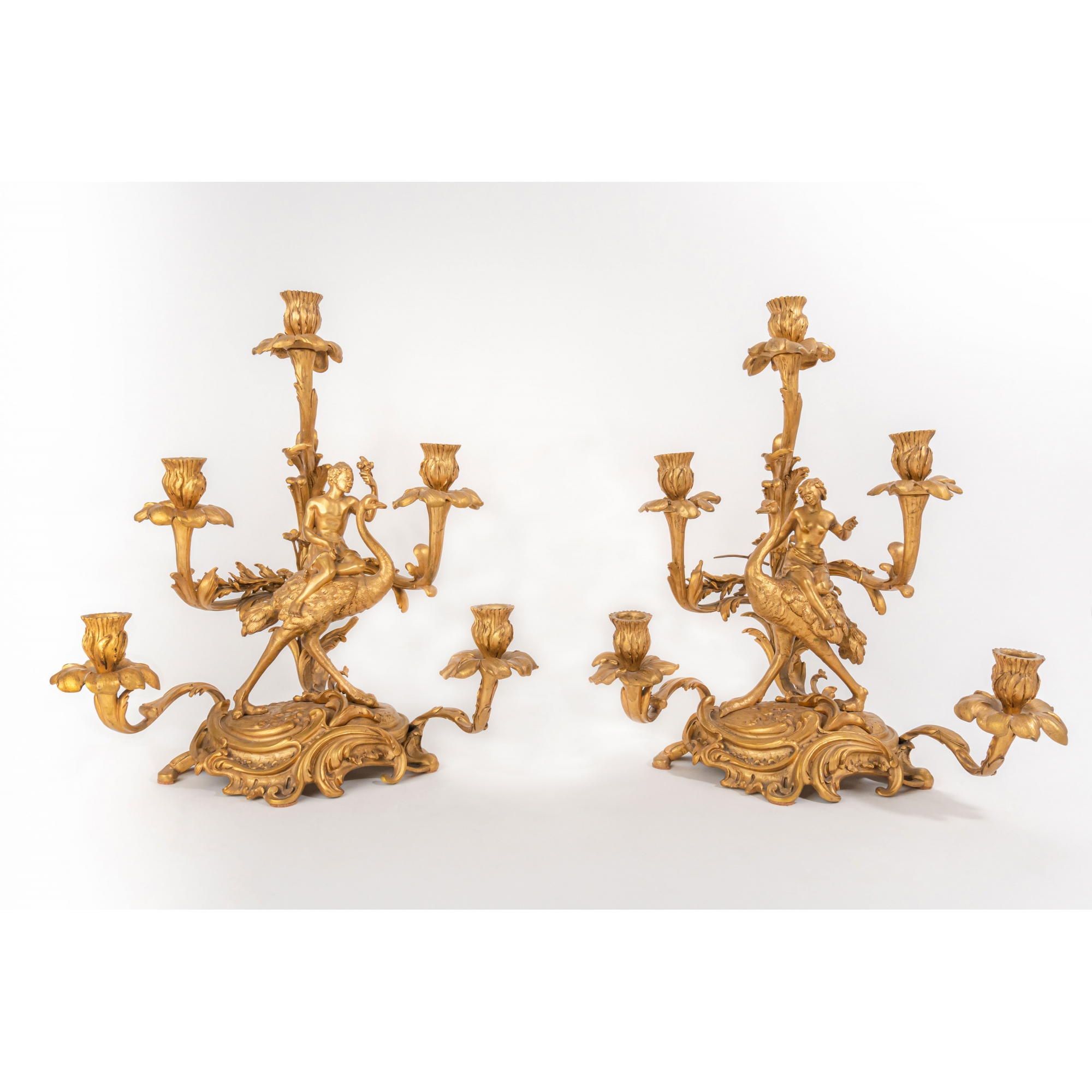 A Pair of Rare Gilt Bronze Candelabras, France 19th Century