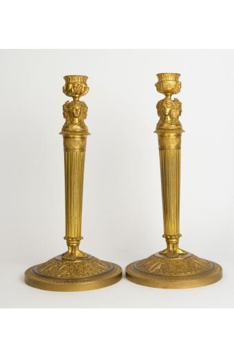 Pair of Empire Gilt Bronze Candlesticks, France, Circa 1810