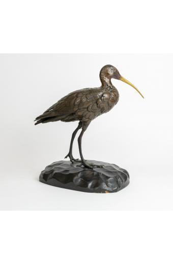 Japanese Meiji Period Patinated Bronze Figure Of A Sandpiper Mounted On Wooden Base