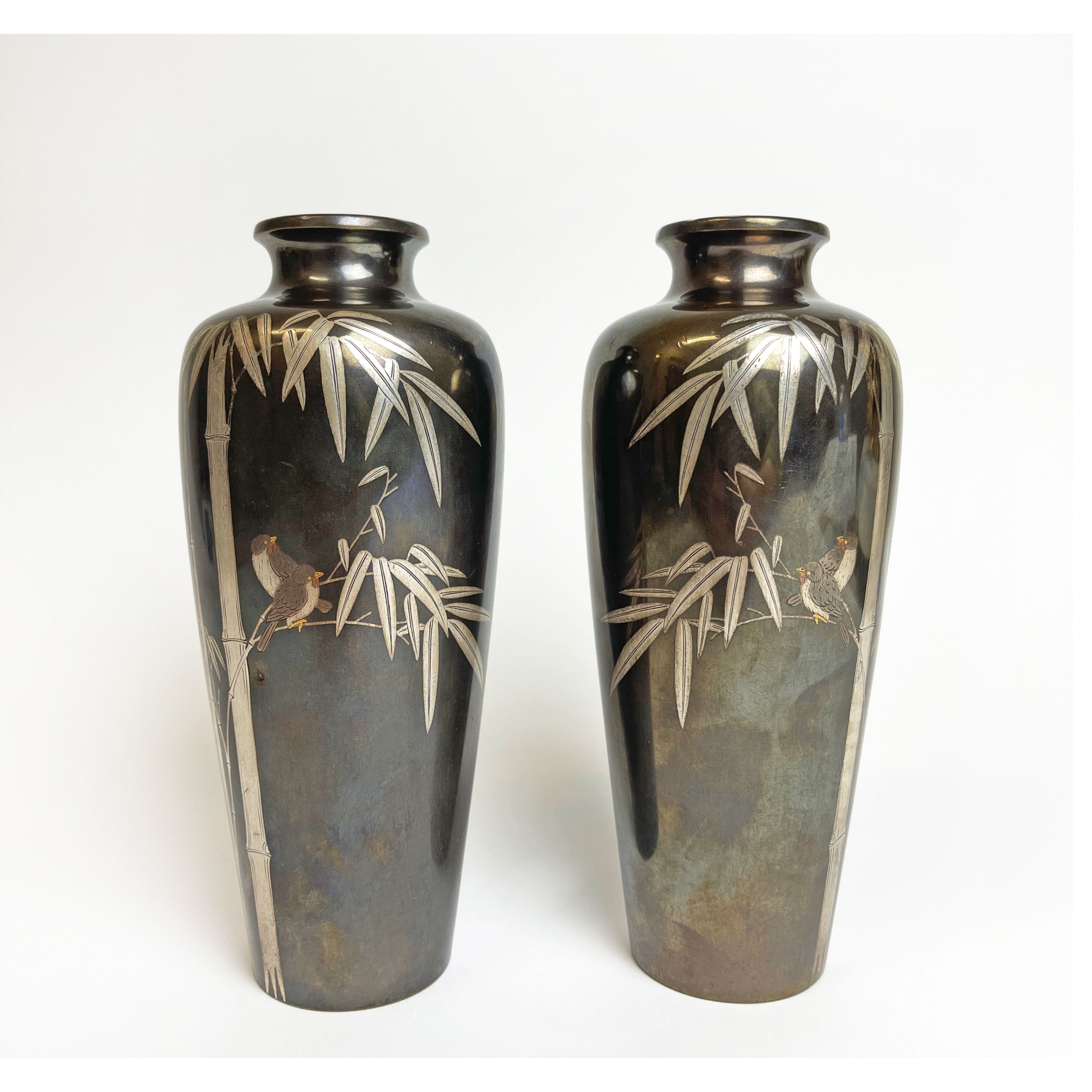 Pair Of Japanese Bronze Mixed Metal Inlaid Vases