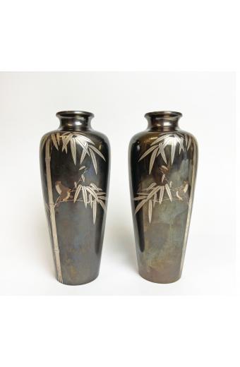 Pair Of Japanese Bronze Mixed Metal Inlaid Vases