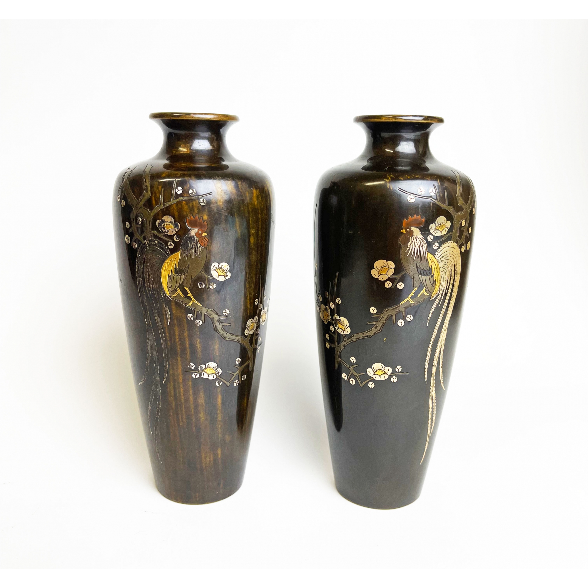 Pair Japanese Meiji Bronze Mixed Metal Rooster Vases