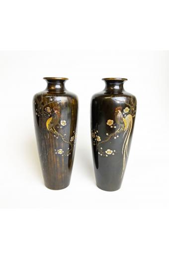Pair Japanese Meiji Bronze Mixed Metal Rooster Vases