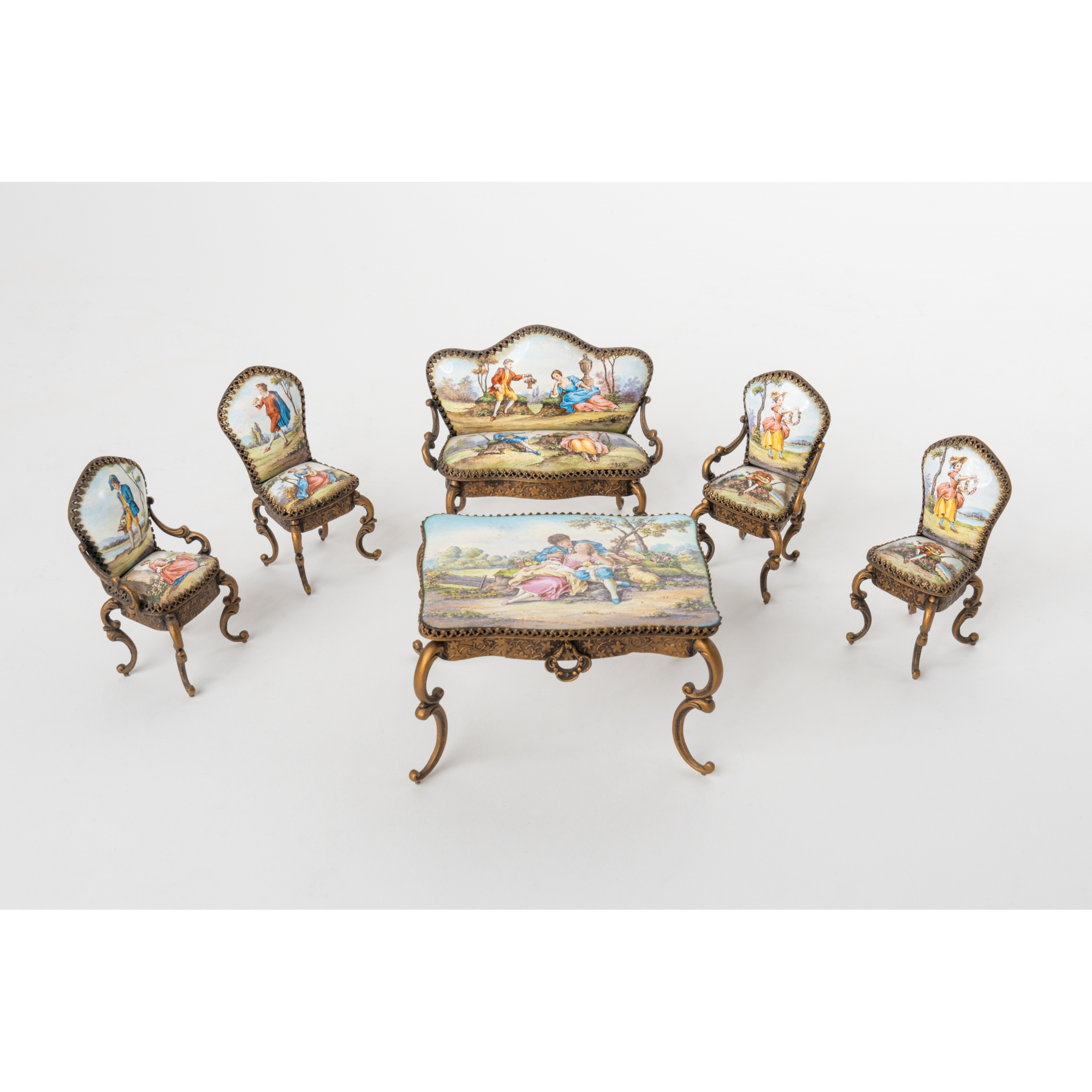 A Viennese Gilt Bronze & Enamel Six-Pieces Miniature Salon Suite