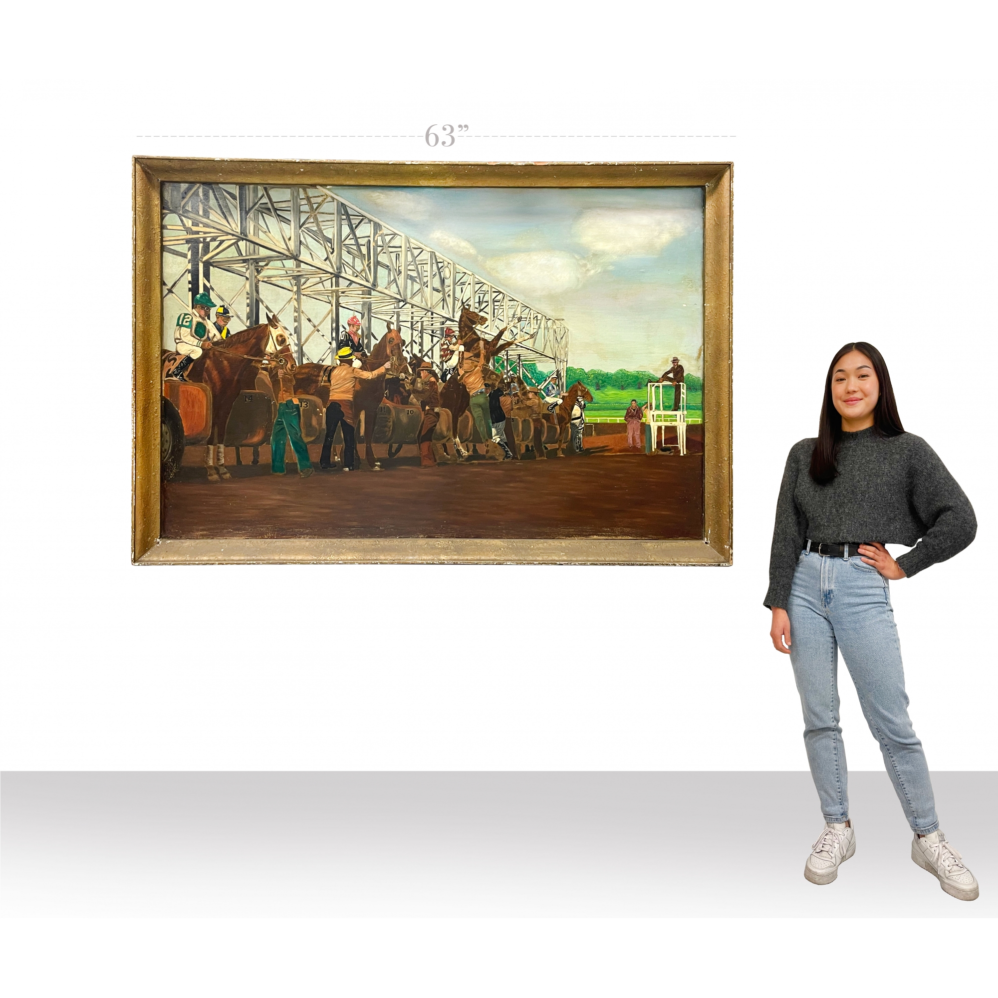 A Large Oil on Board Painting of Horse Racing, American, Circa 1920