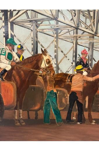A Large Oil on Board Painting of Horse Racing, American, Circa 1920