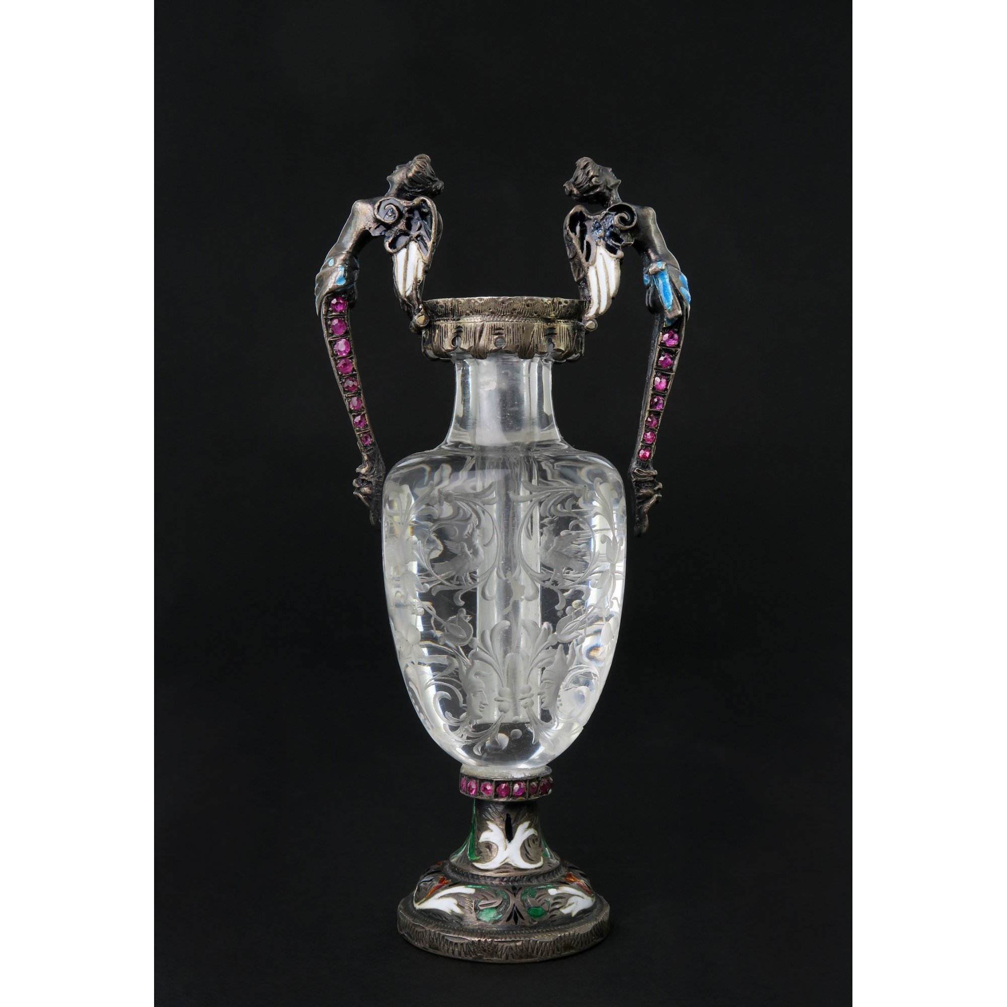 A Carved Rock Crystal, Enameled Silver Gem Set Miniature Vase, Austria, 1880