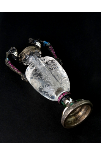 A Carved Rock Crystal, Enameled Silver Gem Set Miniature Vase, Austria, 1880