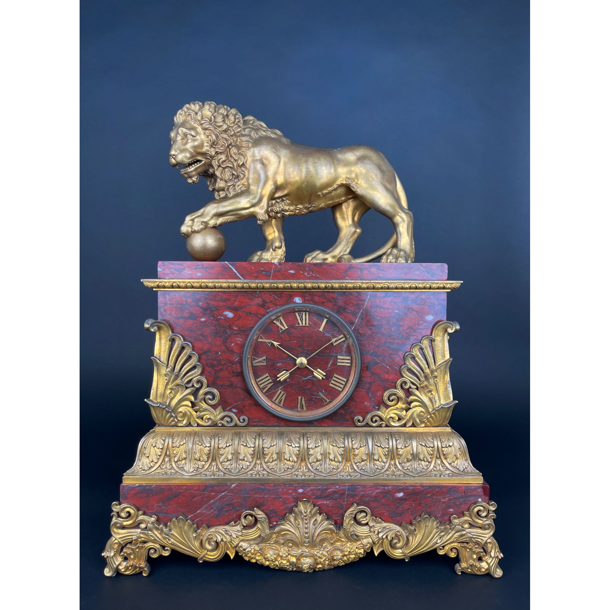 A Large Size Gilt Bronze & Rouge Marble Clock, France, 19th Century